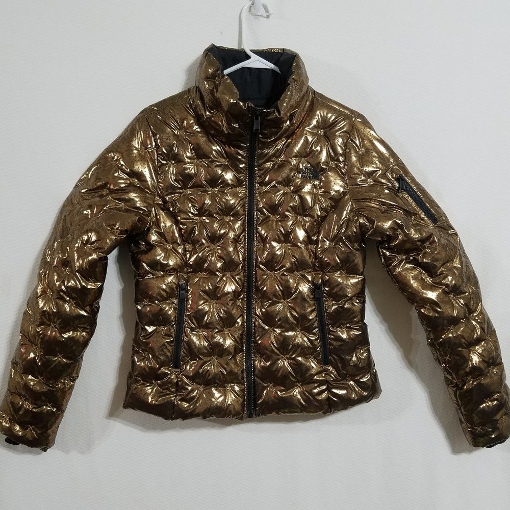 North Face Womens Medium Gold Puffer Winter Jacket Metallic Black Bubble Puff M